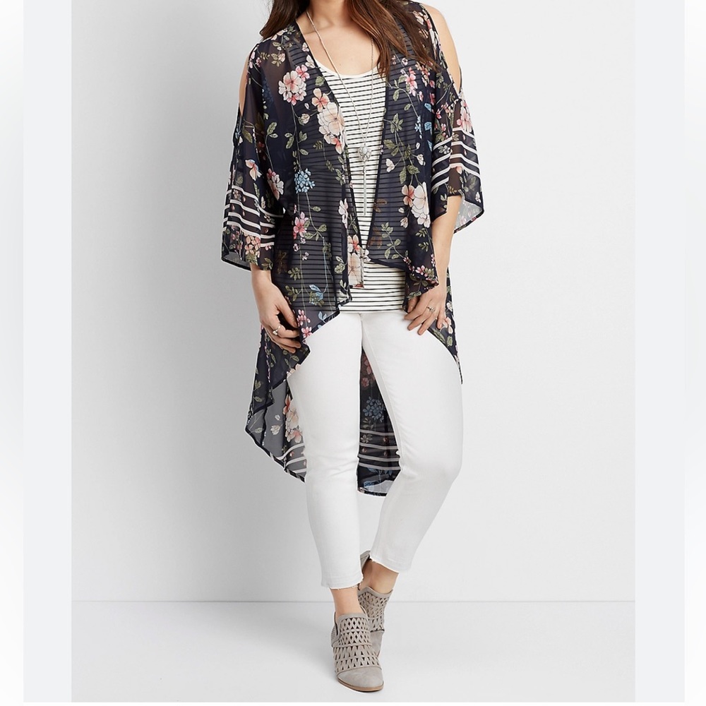 Maurice’s Semi Sheer Cold Shoulder Hi Lo Hem Floral Kimono Cover Up LIKE NEW M